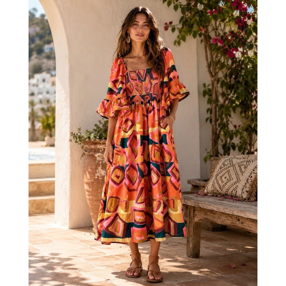 Truly 4 You Geometric Abstract Smocked Puff Sleeve Midi Maxi Dress Orange Large